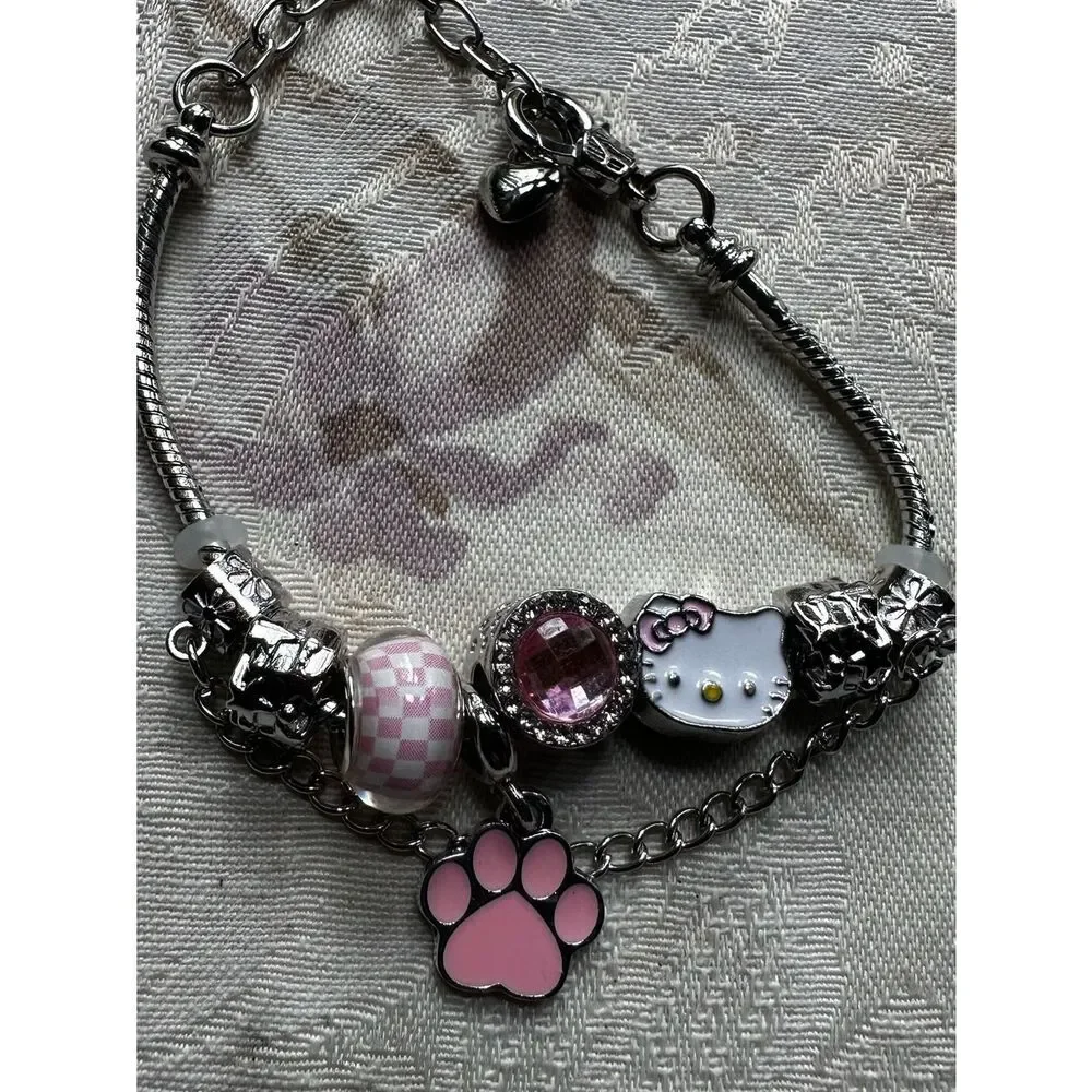 Hello Kitty Silver Charm Bracelet with Pink Enamel Accents